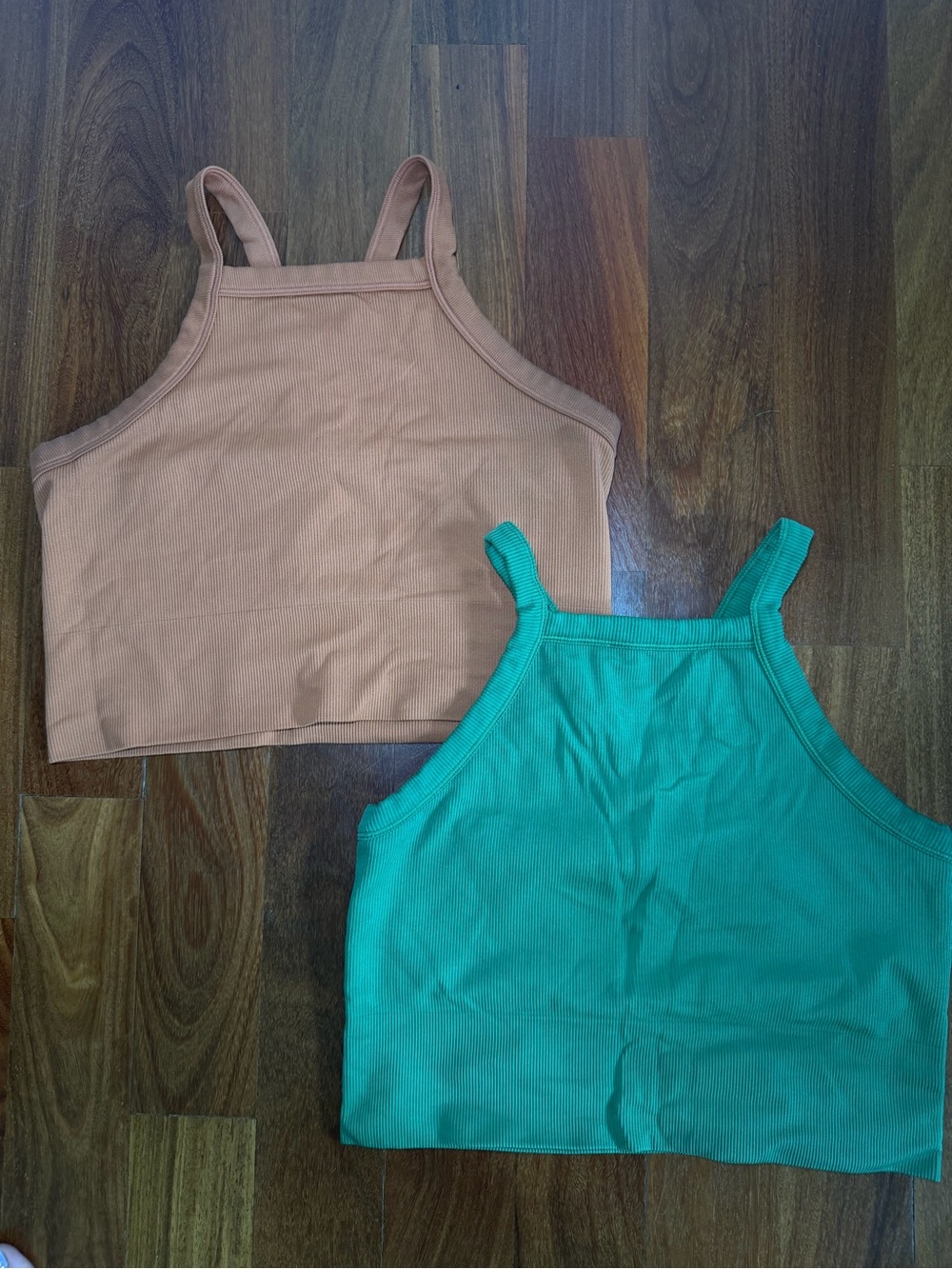 Athleta Ribbed Crop Tank Pair in Tan and Teal Green